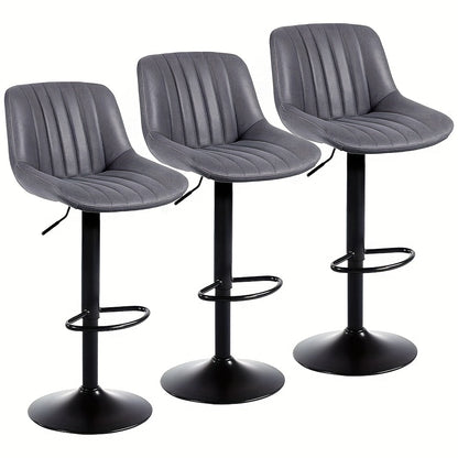 Barstoel – Barkruk – Barstool – Keukenstoel – Barstoel Set Van 3 – Verstelbaar – Draaibaar – PU Leder – Met Rugleuning – Grijs – Met Metalen Frame