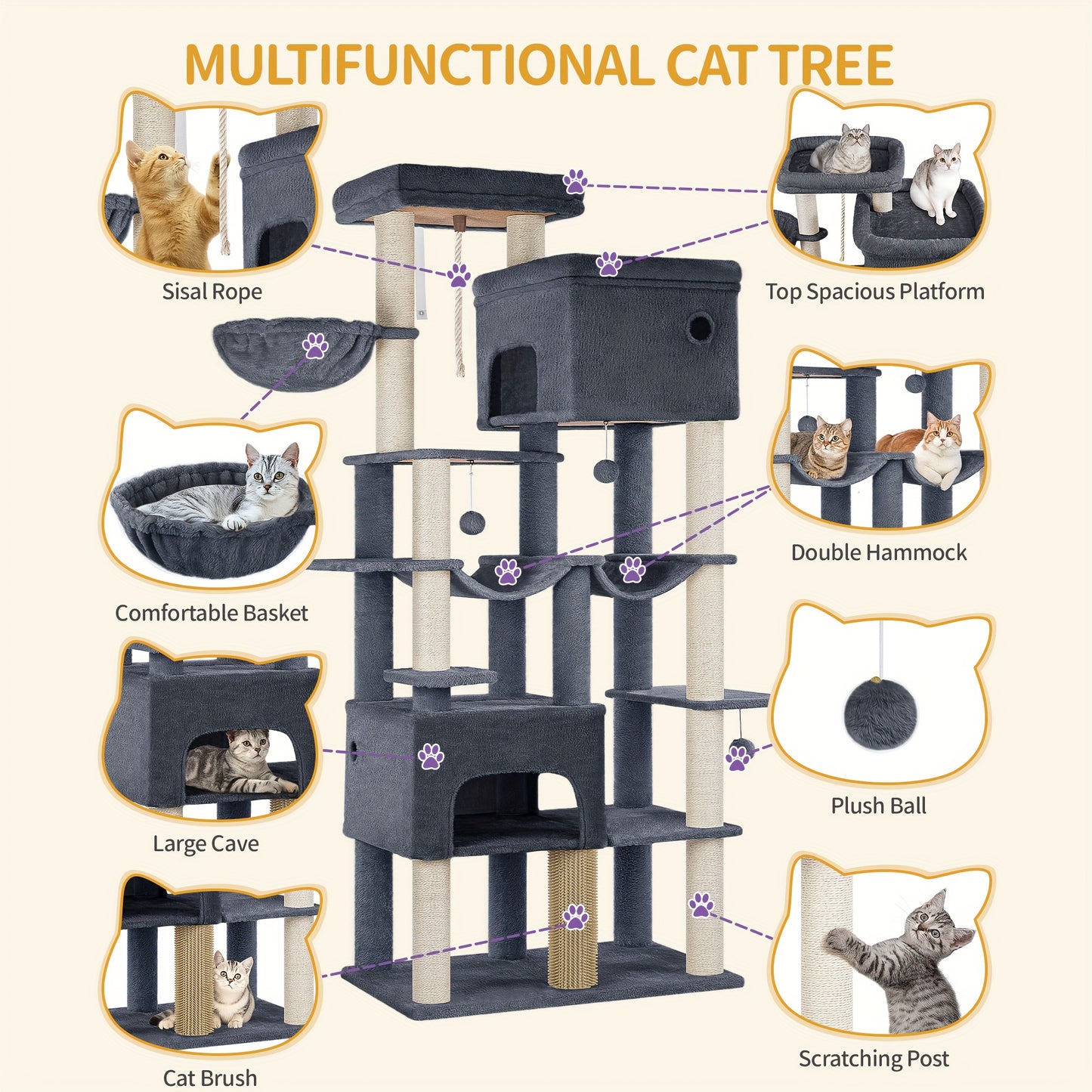 Krabpaal – Kattenkrabpaal – Kattenboom – Krabmeubel – Kattenhuis – XXL 200 cm Hoog – 10 Sisal Krabpalen & 2 Hangmatten