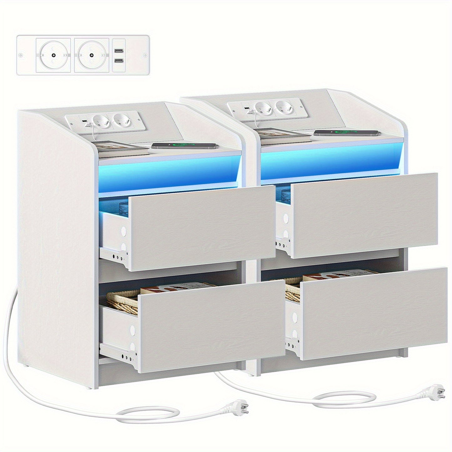 Nachtkastjes – Bedside Table – Bijzettafel – Opbergkastje – Nachtkastje Set – Wit – 2 Laden – Stopcontact en USB Poorten – Compact Design – Multifunctioneel