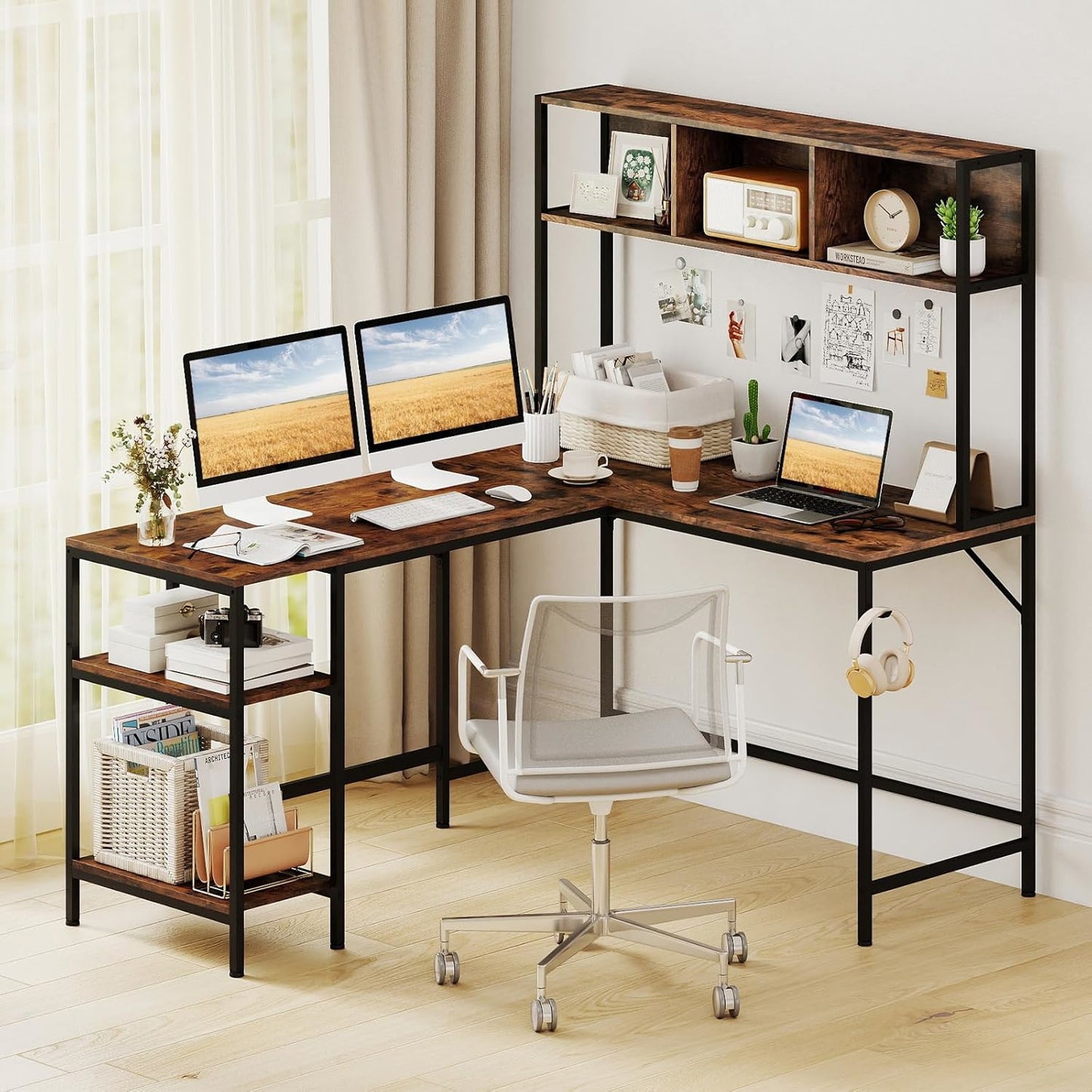 L-vormig Bureau – Hoekbureau – Computerbureau – Werktafel – Bureau met Opbergruimte – Rustiek Bruin – Grote Werkruimte – Stevig Metaal en Hout