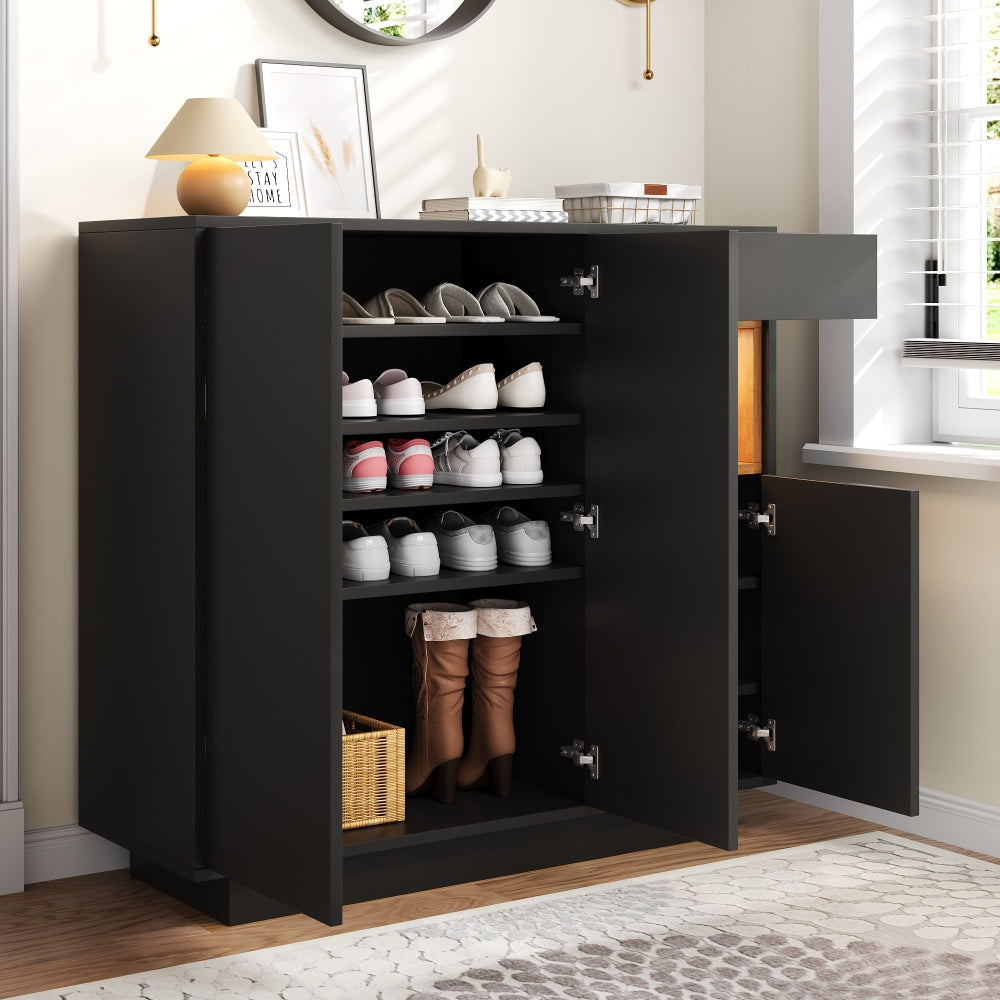 Schoenenkast – Schoenenrek – Schoenenopberger – Schoenenbank – Opbergkast – Zwart – Verstelbare Planken – Lade – Ruimtebesparend – Geschikt voor 14-18 Paar Schoenen