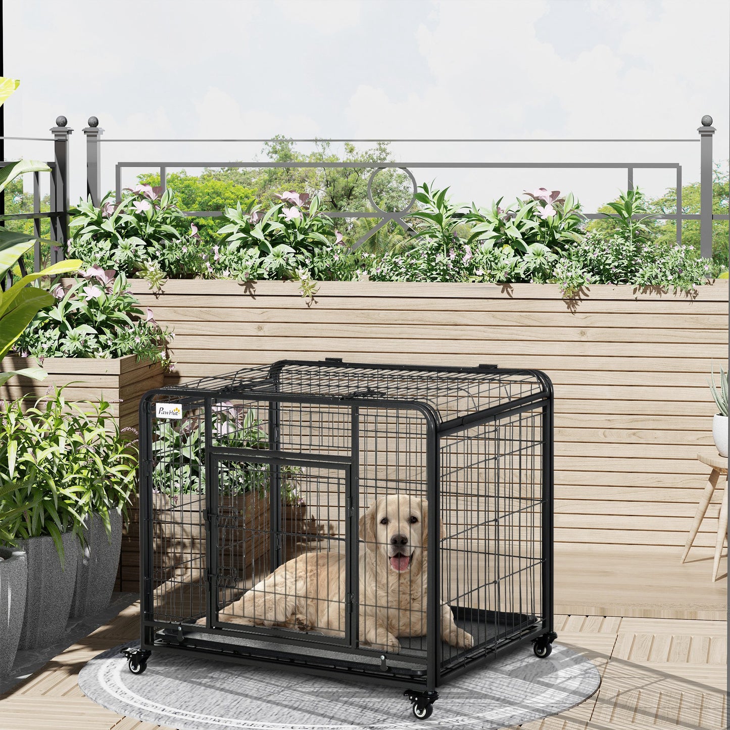 Hondenkooi – Hondenbench – Transportkooi – Draagkooi – Hondenkennel – Inklapbaar – Met Wieltjes – Dubbele Vergrendeling – Uitneembare Bodemlade – Voor Middelgrote Honden – Zwart Metaal – 94x58x69,5 cm