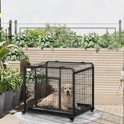 Hondenkooi – Hondenbench – Transportkooi – Draagkooi – Hondenkennel – Inklapbaar – Met Wieltjes – Dubbele Vergrendeling – Uitneembare Bodemlade – Voor Middelgrote Honden – Zwart Metaal – 94x58x69,5 cm