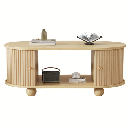 Contemporary Oval Wooden Coffee Table with Storage and Sliding Doors, Multifunctional Space-Saving Furniture, Metal Frame, Easy Assembly, Living Room Storage Solution, Coffee Table for Living Room