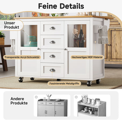 Keukeneiland Op Wielen – Keukenwagen – Buffetkast – Werkplek – Opbergmeubel – Inklapbaar Werkblad – 4 Lades en 2 Deuren – Verstelbare Planken – Handdoek- En Kruidenhouder – Wit