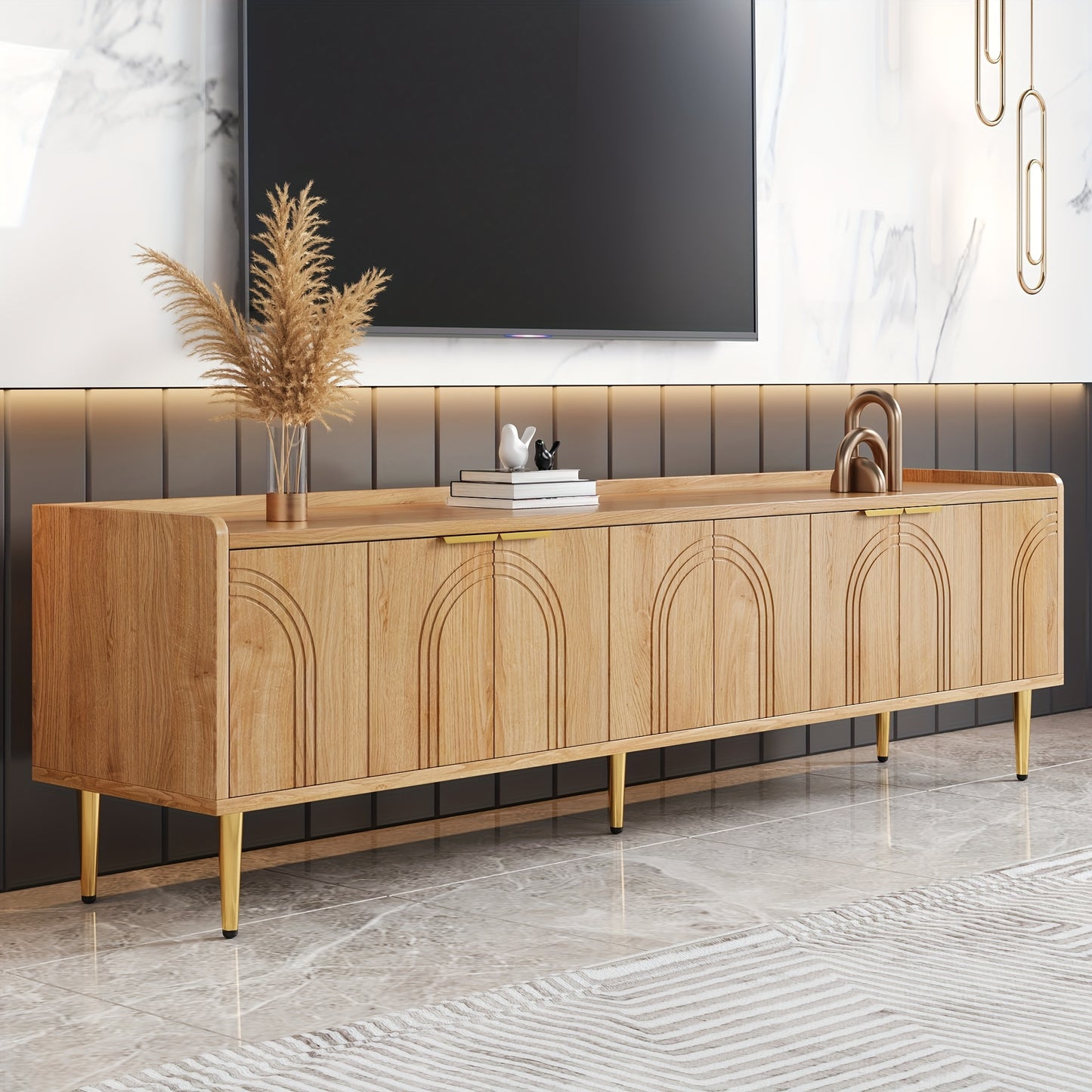 tv meubel – tv kast – tv meubelen – media meubel – dressoir – glazen deuren – goudkleurige handgrepen – volledig gemonteerd – stevige vloerstandaard