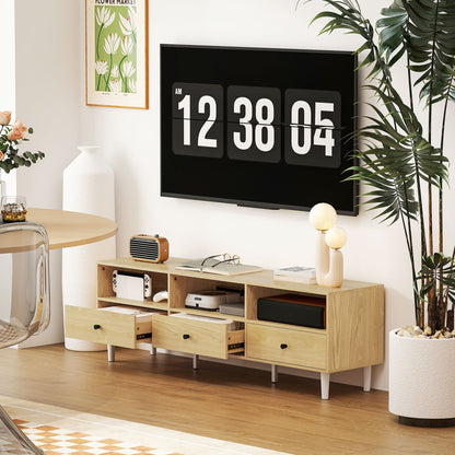 Tv-meubel – Televisiekast – Mediameubel – TV Kast – TV Dressoir – Houtlook Spaanplaat – 140x34x45 cm – Kabelbeheer – 3 Laden & 3 Open Vakken