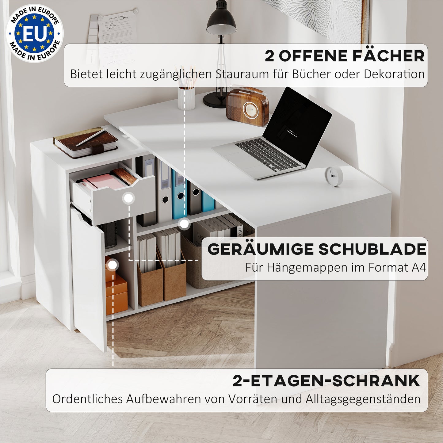 Flexibel Bureau – Bureautafel – Studiebureau – Werkplek – Schrijftafel – Wit Houten Design – 2-Laagse Kast & Lade – Compact en Onderhoudsvriendelijk