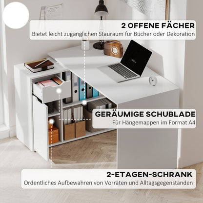 Bureau – Werkplek – Schrijftafel – Computertafel – Flexibele Bureau – Wit Met Houten Accenten – 2-Laagse Kast Met Lade En Open Planken