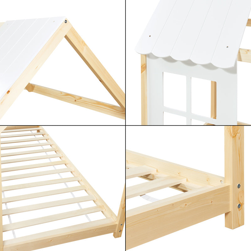 Kinderbed – Halfopen Huisbed – Huisvormig Bed – Kinderbed Frame – Bed Voor Kinderen – 90x200 cm Wood/Wit – Massief Dennenhout – Sfeervolle Decoratieve Ramen