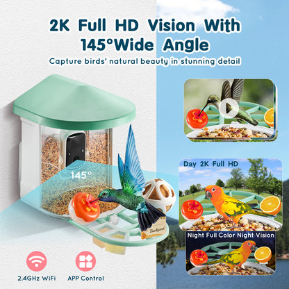 Vogelfotocamera – Vogelvoederhuisje – Wildcamera – Nestkastcamera – Slimme Voederautomaat – 2K HD Camera – AI Vogelherkenning & Zonne-energie