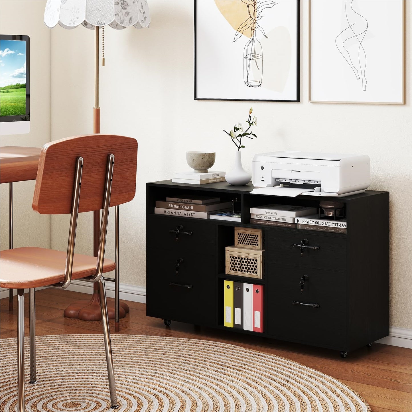 Rollende Opbergkast – Mobiele Ladenkast – Office Organizer – Printerstandaard – Rolcontainer – 4 Lade Met Slot – Verstelbare Plank – Zwart