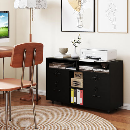 Rollende Opbergkast – Mobiele Ladenkast – Office Organizer – Printerstandaard – Rolcontainer – 4 Lade Met Slot – Verstelbare Plank – Zwart