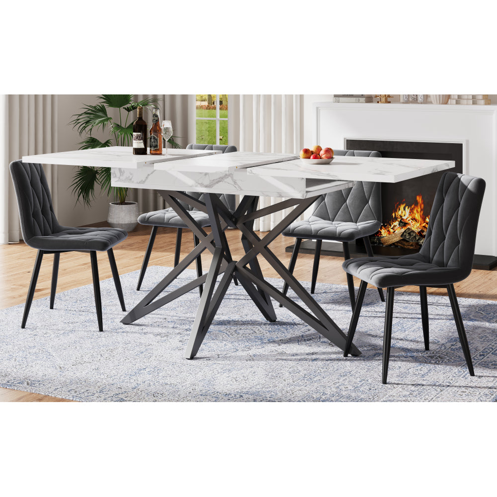 Uitklapbare Eettafel – Uitschuifbare Keukentafel – Verlengbare Tafel – Moderne Eetkamertafel – Ruimtebesparend – Wit Marmerlook Blad – 120-160 cm – Eenvoudige Montage