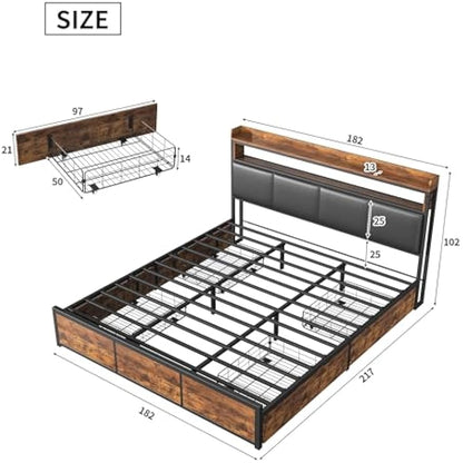 LED Gestoffeerd Tweepersoonsbed – Opbergbed – Bedlade Bed – Nachtkast Bed – Slaapkamerbed – 180x200 cm – 4 Lades Op Wieltjes – Geïntegreerde LED-Verlichting