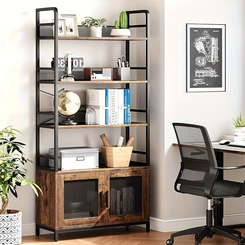 Bookshelf with Doors Industrial Bookcase with 4 Tiers Open Storage Shelf Rustic Bookshelves 180.01cm Tall Display Rack Cabinet Farmhouse Bookshelf for Bedroom, Living Room, Home Office