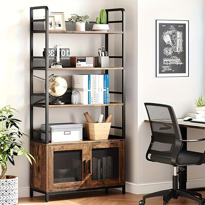 Bookshelf with Doors Industrial Bookcase with 4 Tiers Open Storage Shelf Rustic Bookshelves 180.01cm Tall Display Rack Cabinet Farmhouse Bookshelf for Bedroom, Living Room, Home Office