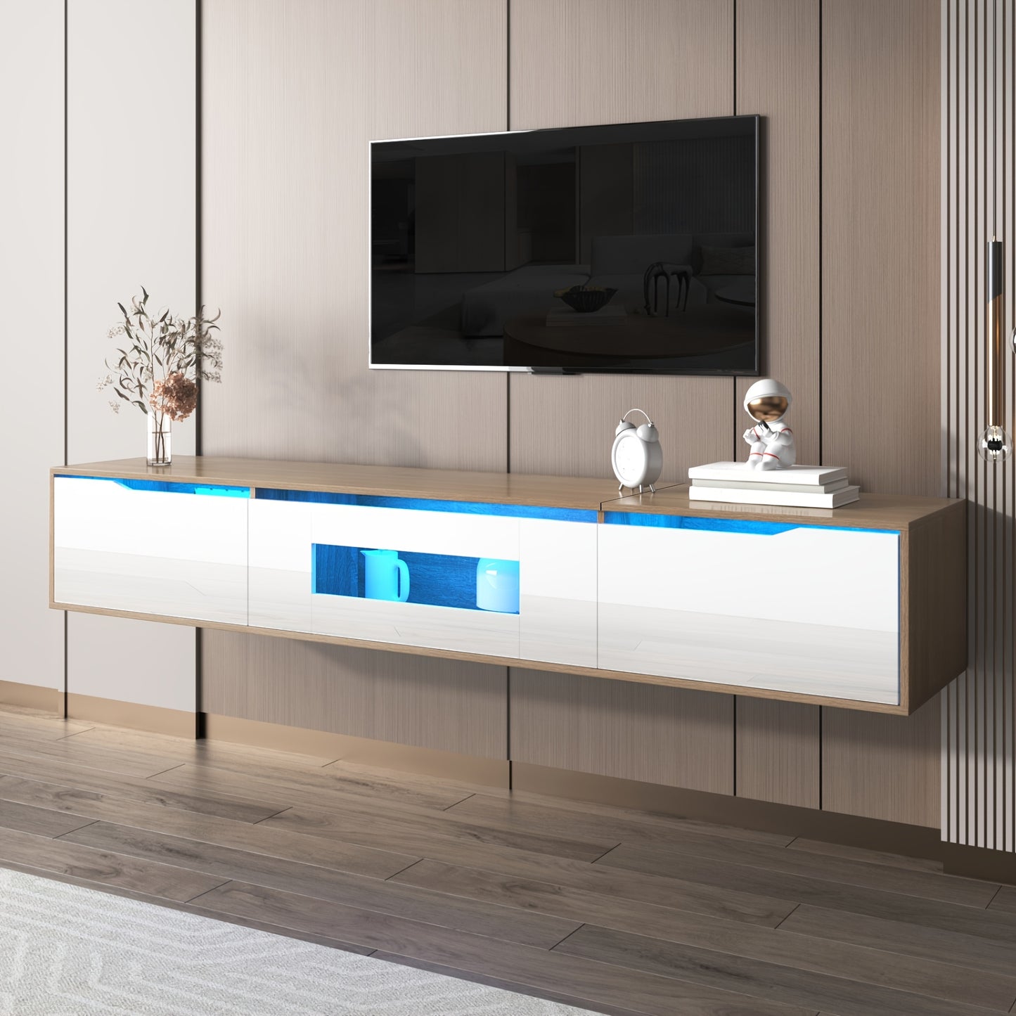 TV Stand, Entertainment Cabinet, High-Gloss TV Stand, Colour Scheme High-Gloss White And Wood, TV Stand Size 180 X 35 X 30 Cm