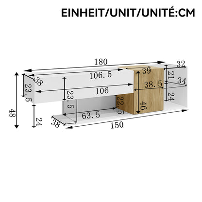 TV-meubel – TV-kast – Mediameubel – Entertainmentmeubel – Salontafel – Hoogglans Wit – 180 cm Breed – Glasplanken – Minimalistisch Design