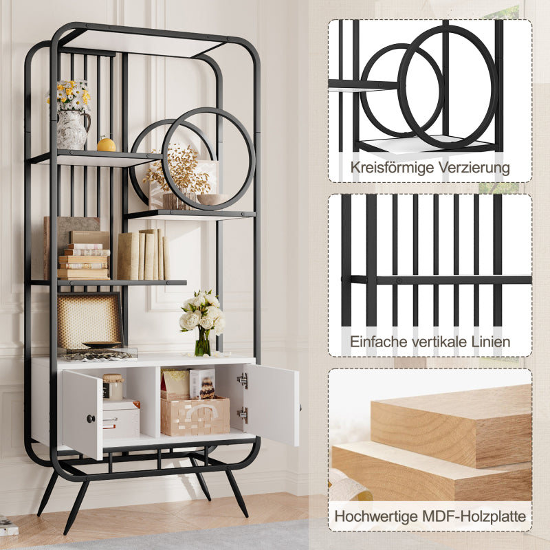 80 X 30 X 180 Cm Metal Shelving Unit, White Storage Cabinet with Double Doors, Three Shelves, Black Metal Frame, High Metal Feet, Round Decoration, White + Black
