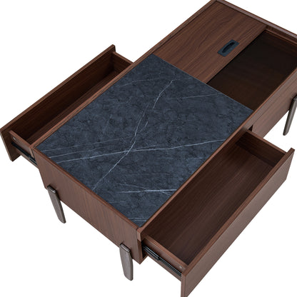 Salontafel – Woonkamertafel – Koffietafel – Side Table – Brewing Variant – Donkerbruin Houtlook Met Glazen Tafelblad – Verborgen Opbergruimte Met Schuifdeksel