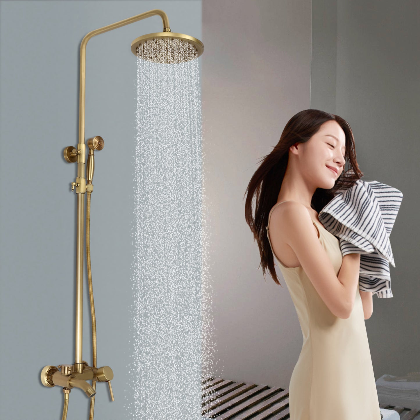 1 Set Antique Brass Shower System - Heavy-Duty Brass & Wall-Mounted Rain Shower Head with Handheld Attachment, 3-Spray Modes (Rain/Handheld/Combination), Fit for Modern Bathroom, Vintage Bath Set for Hot & Cold Water