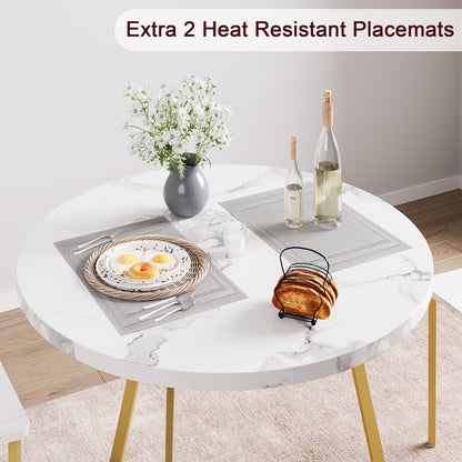 Eettafel Set – Eethoek – Keukentafel Set – Zitgroep – Eetkamer Set – Ronde Tafel 80 cm – MDF Marmerlook Met Gouden Metalen Frame – Compact & Duurzaam