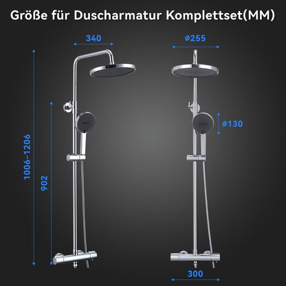 Doucheset – Regendouche – Douchekolom – Thermostaatkraan – Handdouche – Ronde 255 mm Regendouchekop – Verstelbare Roestvrijstalen Douchearm