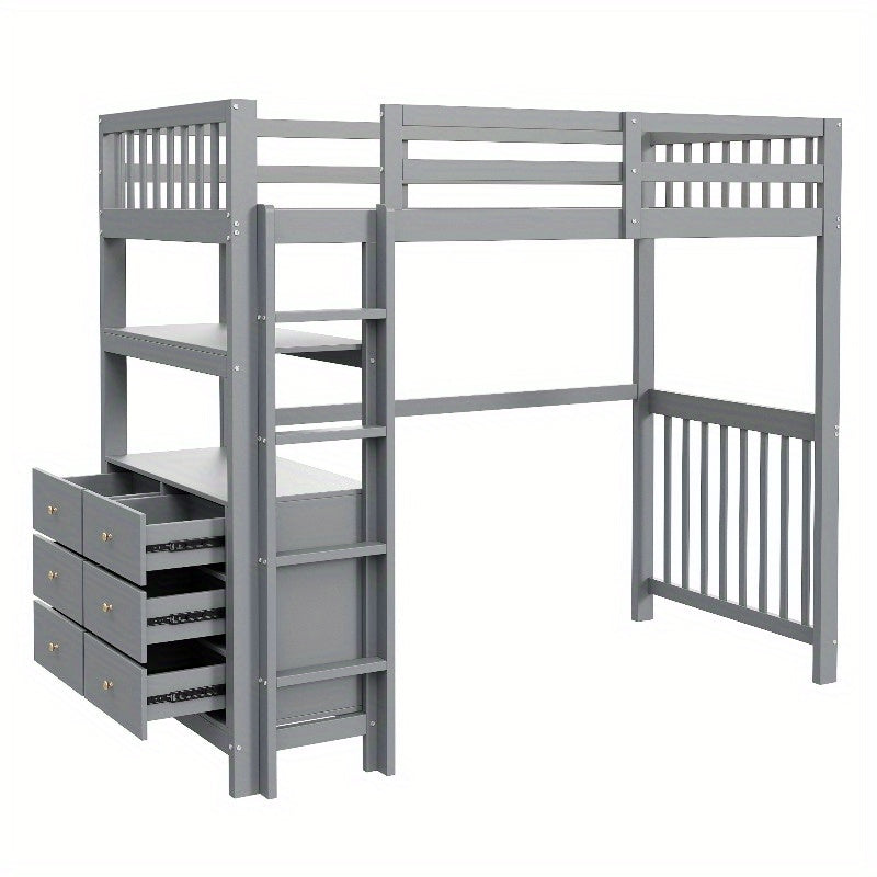 Hoogslaper – Eenpersoonsbed – Stapelbed – Bed met Opberglades – Bed met Ladder – 90x200 cm – Grijs Metaal – Ruimtebesparend Design – Stevige Metalen Constructie