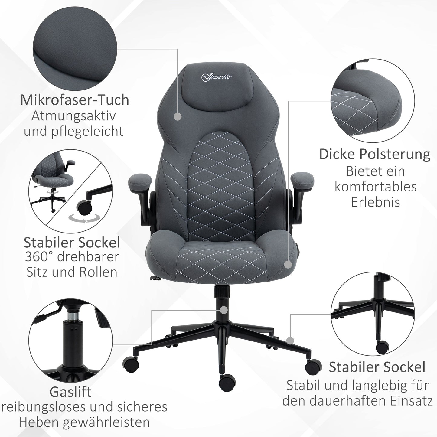 Bureaustoel – Ergonomische Stoel – Kantoorstoel – Draaistoel – Computerstoel – Verstelbare Zithoogte – Kantelfunctie – Microfiber Bekleding – Donkergrijs