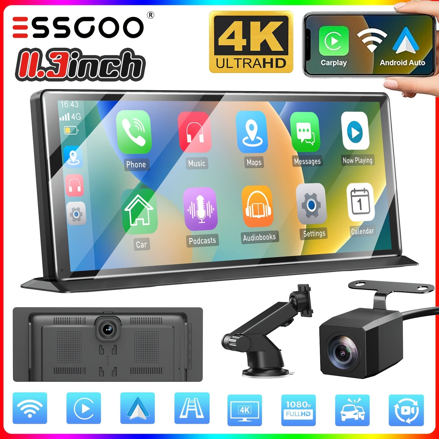 Draadloos CarPlay Systeem – Android Auto Navigatie – Auto Multimedia Speler – Touchscreen Monitor – Dubbele Camera Beveiliging – 11,3 Inch IPS Scherm – 4K Frontcamera & 1080p Achteruitrijcamera