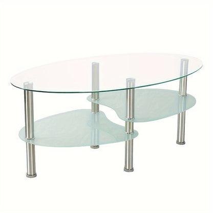 Salontafel – Koffietafel – Bijzettafel – Woonkamertafel – Tafel – Modern – Gehard Glas – Ovaal – Met Metalen Poten – 2 Opbergniveaus – 90x50x43 cm