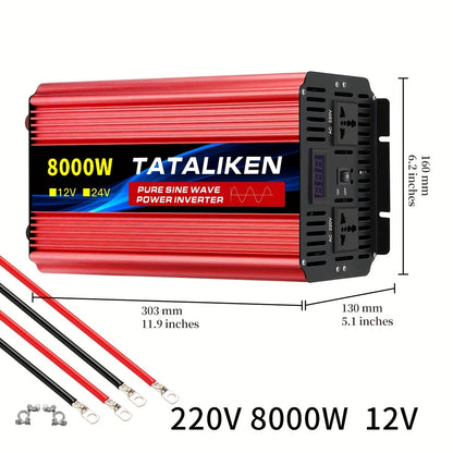 Power Inverter – Spanningsomvormer – Omvormer – Stroomomzetter – 12V Naar 220V – 8000W Piekvermogen – 4 AC Uitgangen – LCD Scherm – Afstandsbediening – Robuust Metalen Behuizing