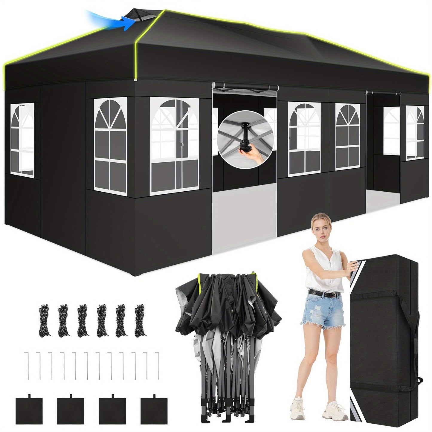 Pop-Up Tent – Voortent – Partytent – Prieel – Zonnescherm – Donkerblauw – 3x6 Meter – 6 Verwijderbare Zijkanten