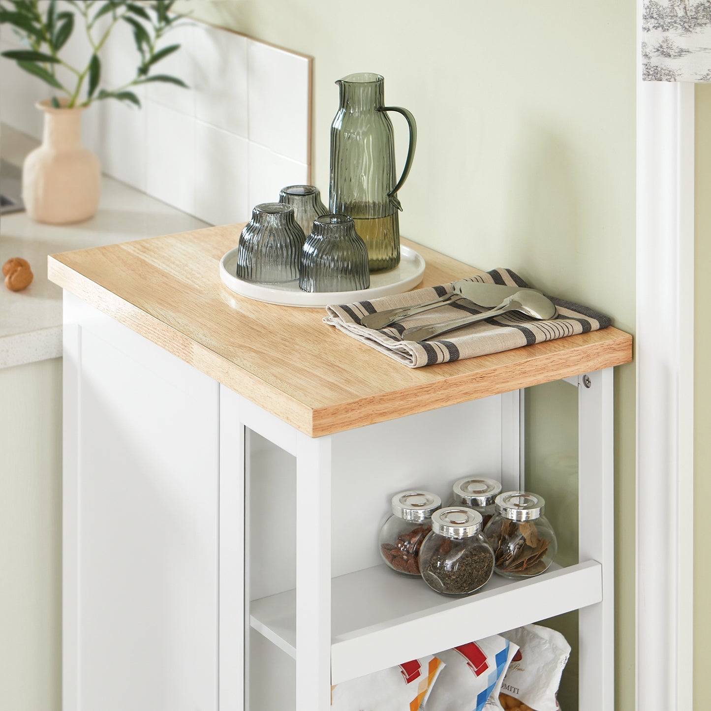 Keukenwagen – Serveerwagen – Opbergwagen – Keukentrolley – Dessertewagen – MDF en Glas – Verstelbare Planken – Mobiel met Wieltjes – Compact 60x90x40 cm