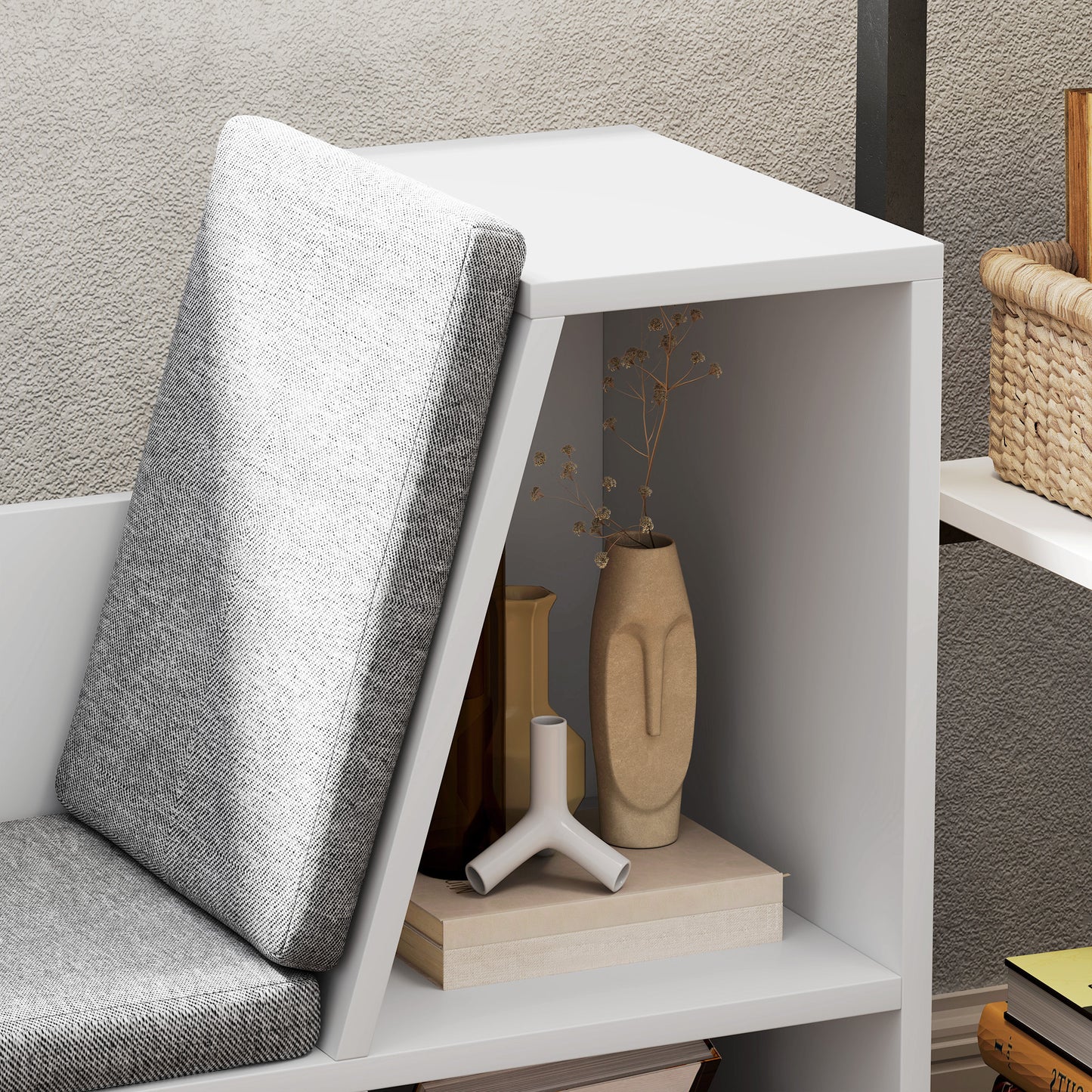 Boekenkast met Zithoek – Boekenkast – Opbergmeubel – Zitbank – Leeshoek – Wit – 6 Compartimenten – Gestoffeerde Zitting – 105x30x63 cm