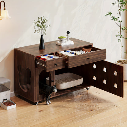 Rustieke Wicker Bijzettafel – Sidetable – Opbergtafel – Kattenhuis – Dressoir – Compact Ontwerp – Uitneembare Kattenbaklade – Duurzaam Rattan – Kaki Variant