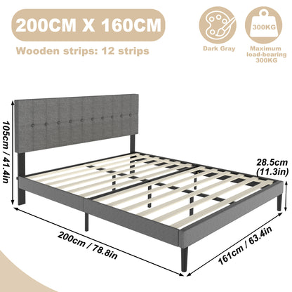 Linen Upholstered Bed Frame with Headboard and Slatted Metal Platform - Ideal Mattress Foundation in Dark Grey/Light Grey, Bedroom Furniture, Minimalist Bedroom, Classic Design, Easy Assembly, Modern Homeowners