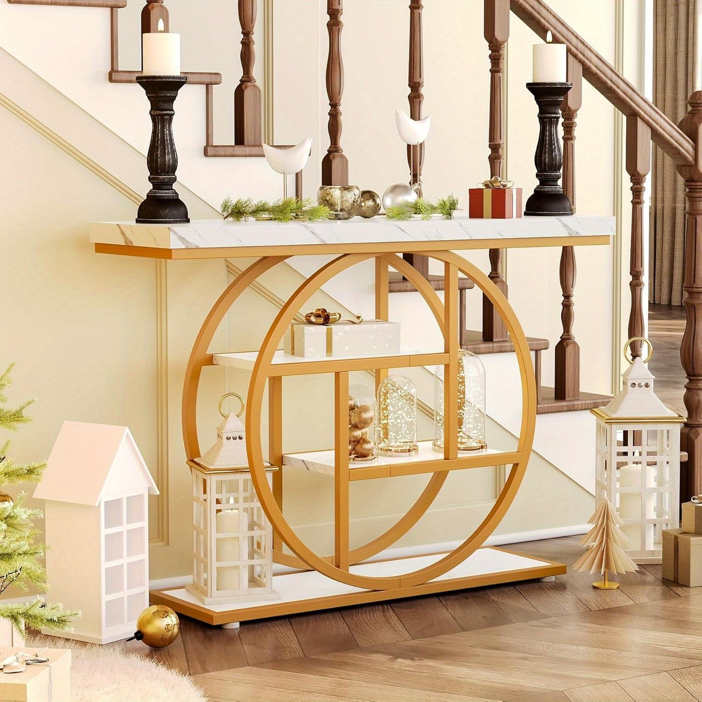 Moderne Sidetable – Console Tafel – Halmeubel – Sofa Tafel – Opbergmeubel – Wit en Gouden Afwerking – 4 Lagen – Stevige Houten Constructie