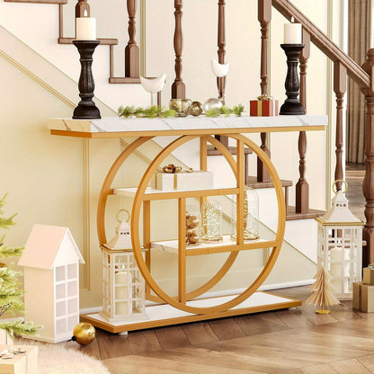 Moderne Sidetable – Console Tafel – Halmeubel – Sofa Tafel – Opbergmeubel – Wit en Gouden Afwerking – 4 Lagen – Stevige Houten Constructie
