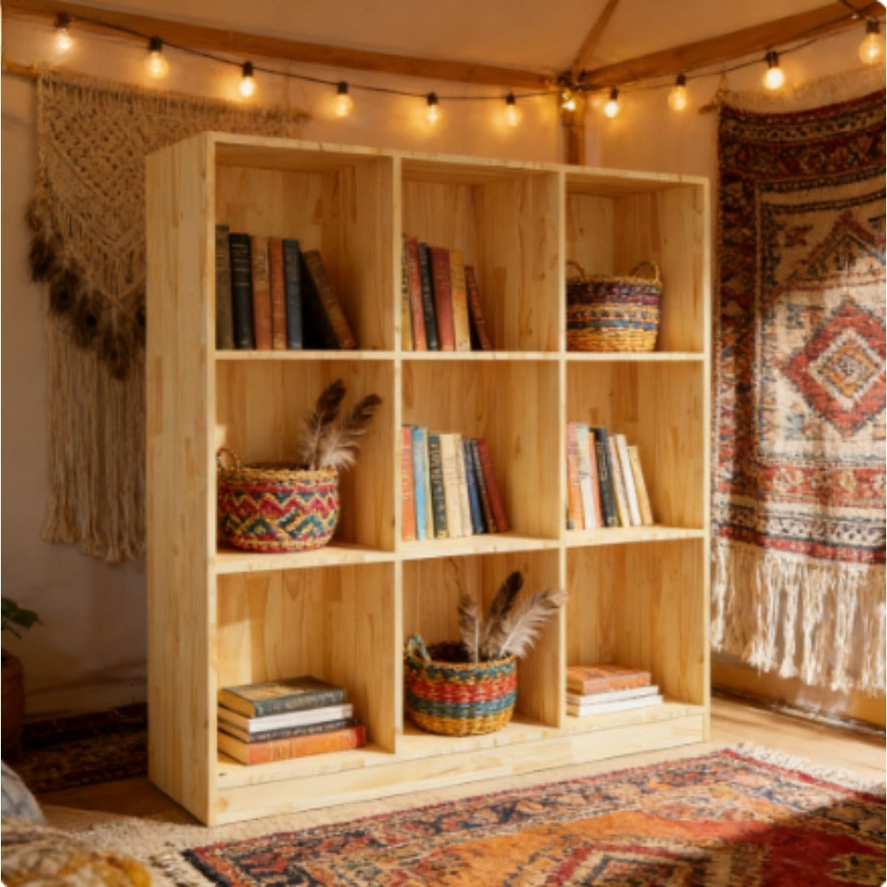 Solid Pine Wood Bookcase & Room Divider - Freestanding Modern Bookshelf with 9-Shelf Storage, Wood Grain, Assembly, Space-Saving Shelving Unit Suitable for Living Room, Study, Office - Demountable Furniture (104x33.5x110cm)