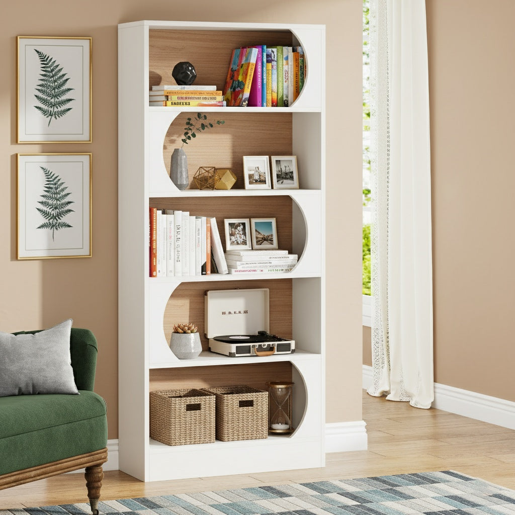 Boekenplank – Boekenkast – Boekrek – Opbergkast – Open Kast – 6-Laags – Wit – Modern Boogontwerp – Stevig Hardhout – Eenvoudige Montage