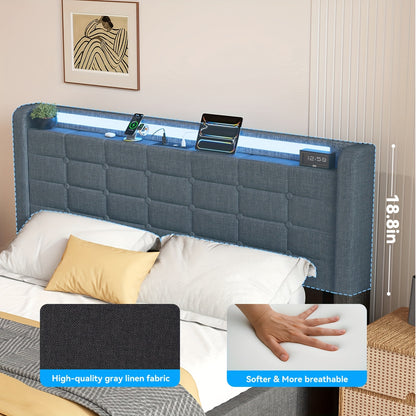 Opbergbed – Gestoffeerd Bed – Opbergbedden – Moderne Slaapbank – Opklapbed – Hydraulische Lift – LED Verlichting – 160x200 cm – Linnen Hoofdbord – Metaal Frame - Grijs