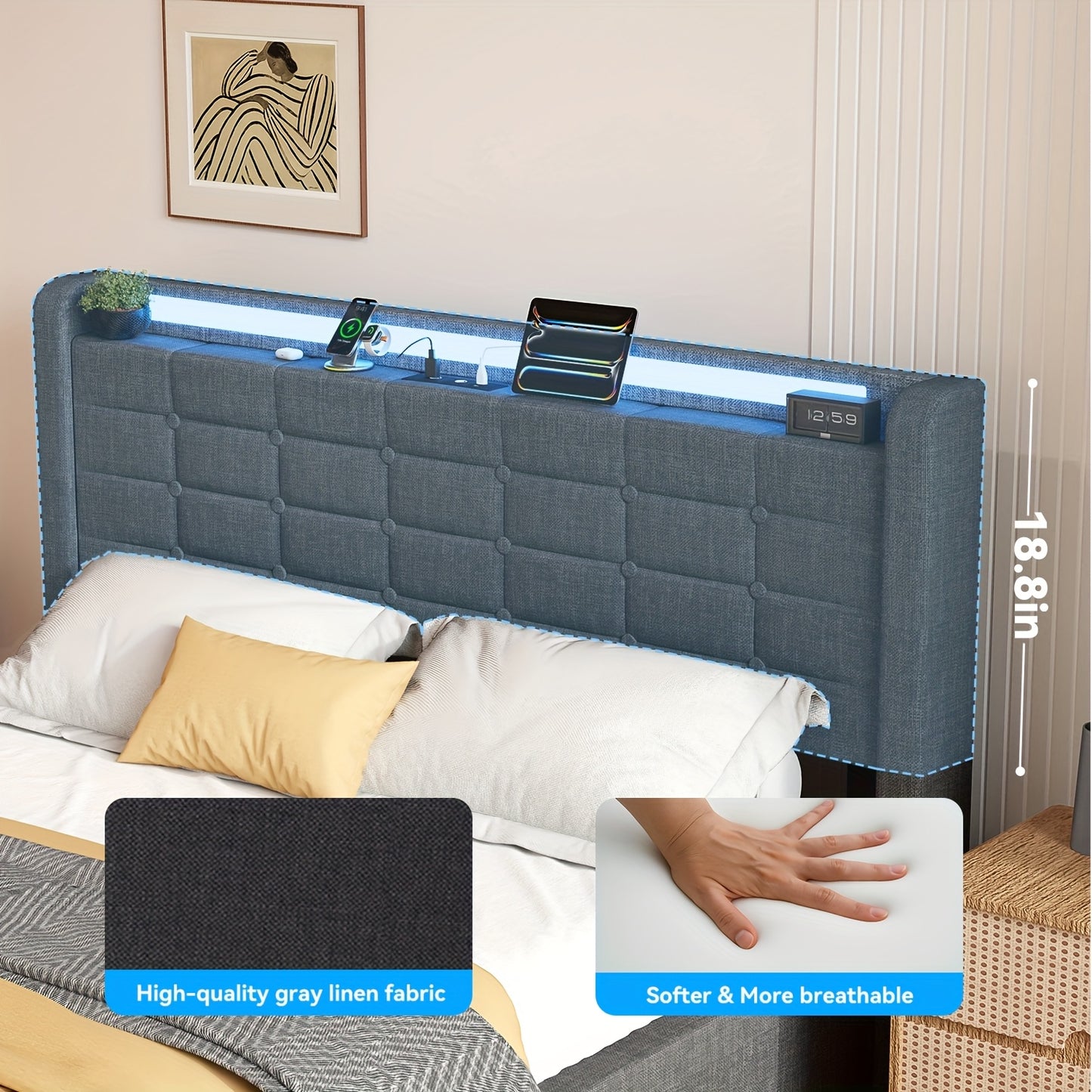 Bedframe – Gestoffeerd Bed – Slaapbank – Opbergbed – Platformbed – 140x200 cm – Hydraulische Lift & Lade – USB LED Verlichting – Grijs Linnen – Hout & Spaanplaat