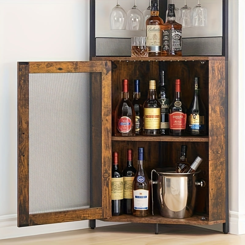Hoek Wijnkast – Wijnbar Meubel – Dressoir – Servicetafel – Opbergkast – Houten Constructie – Verwijderbaar Wijnrek – Bruin – Ruimtebesparend – Geschikt Voor 50+ Flessen