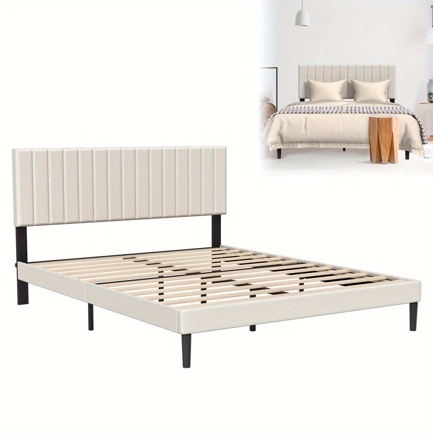 Bedframe – Bedbodem – Ledikant – Boxspring – Slaapbank – Gestoffeerd Beige Fluweel – 140x200 cm – Houten Lattenbodem – Modern Design