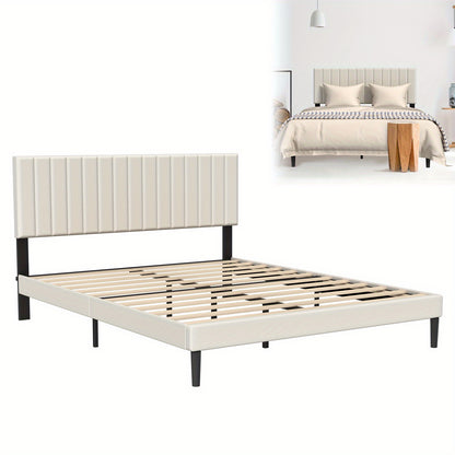 Bedframe – Bedbodem – Ledikant – Boxspring – Slaapbank – Gestoffeerd Beige Fluweel – 140x200 cm – Houten Lattenbodem – Modern Design