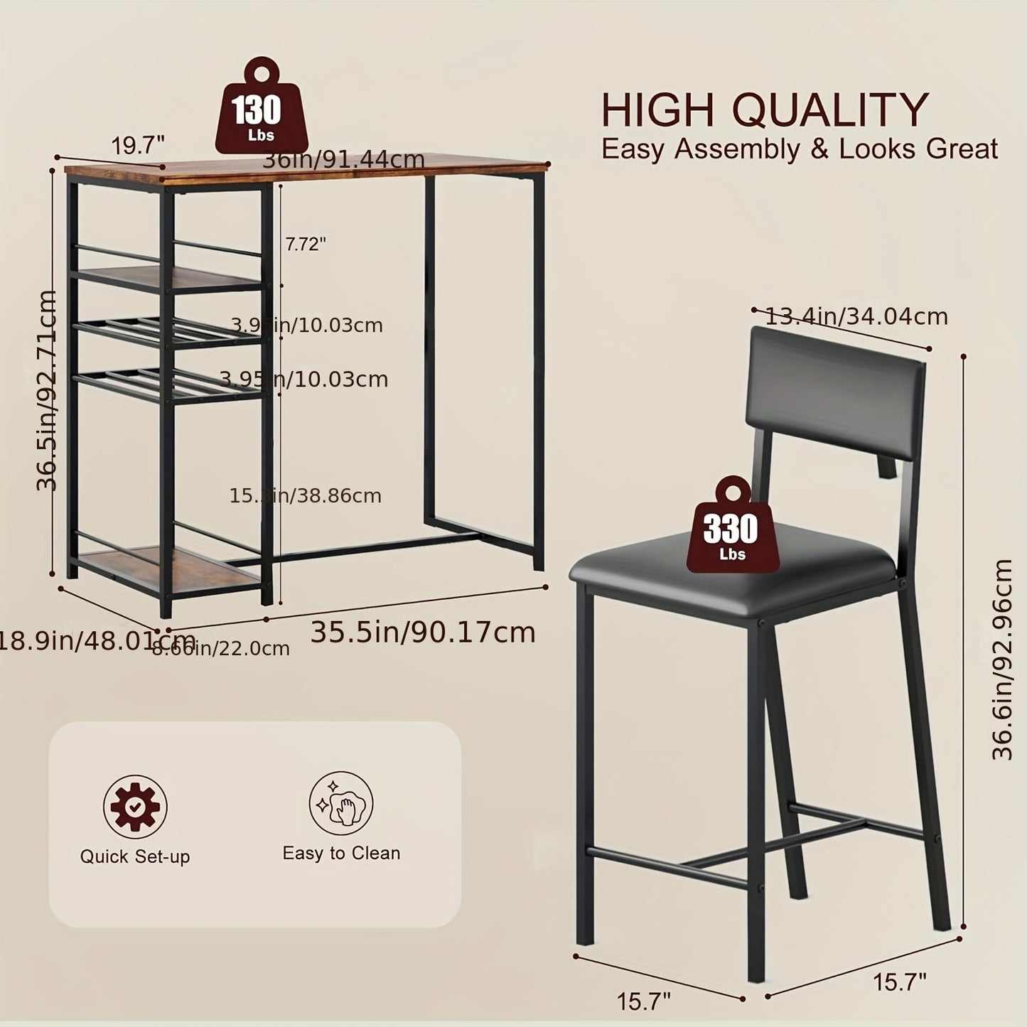 Bistroset – Tuinset – Balkonset – Eettafelset – Tuinmeubelset – Compact Rechthoekig – Met Opbergrekken – Metalen Frame Bruin – Beklede Stoelen Met Slat-Back Rugleuning