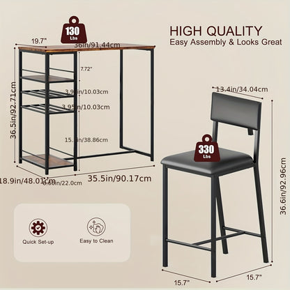 Bistroset – Tuinset – Balkonset – Eettafelset – Tuinmeubelset – Compact Rechthoekig – Met Opbergrekken – Metalen Frame Bruin – Beklede Stoelen Met Slat-Back Rugleuning
