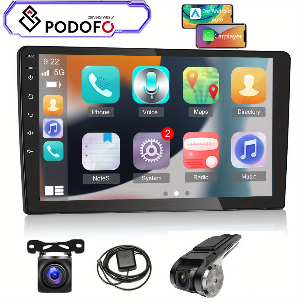 Podofo 2GB+64GB Android 13 Double Din Car Stereo Carplayer Android Auto, 22.86 cm Touchscreen Car Radio with GPS Navigation WiFi FM USB SWC Backup Camera Mic DVR Camera